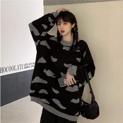 Korean Winter New Fashion Sweater Vintage Cloud Printing Full Sleeve Pullovers Lazy Style Harajuku Loose Woman Casual Sweater