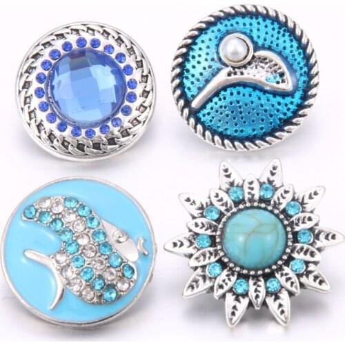 Blue Mixed 10pcs/lot Snap Button Jewelry Crystal Rhinestone Flower 18mm 20mm Metal Snap Jewelry Buttons Fit Snap Bracelet Bangle