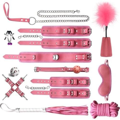 11pcs Couple Sex Toys Kit Bondage Rope Pu Leather Handcuffs Bdsm Slave Slave Collar Whip Ankle Cuffs Nipple Clamp Bed Restraints