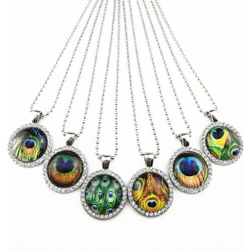 24pcs/lot Peacock feather charm necklace rhinestone pendant Ancient silver sweater chain for women girl party gift