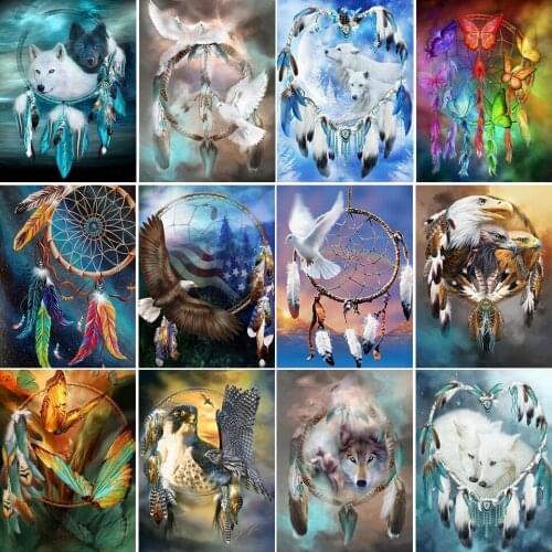 5D DIY Diamond Painting Kits Full Round With AB Drill Dreamcatcher Wolf Diamond Embroidery Animal Mosaic Pattern Crystal Decor