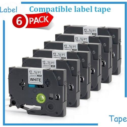 6pk 12mm Black on White tz Label Tape Compatible For Brother P-touch TZ-231 tze231