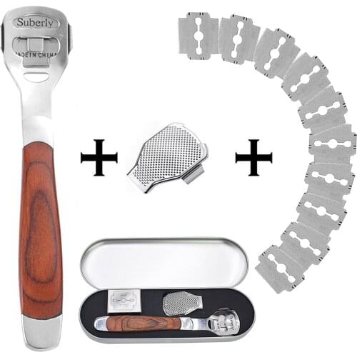 Stainless Steel Pedicure Foot Shaver Razor Scraper with Wooden Handle 11 Blades for Removing Hard Dead Skin Rough Corn Callus
