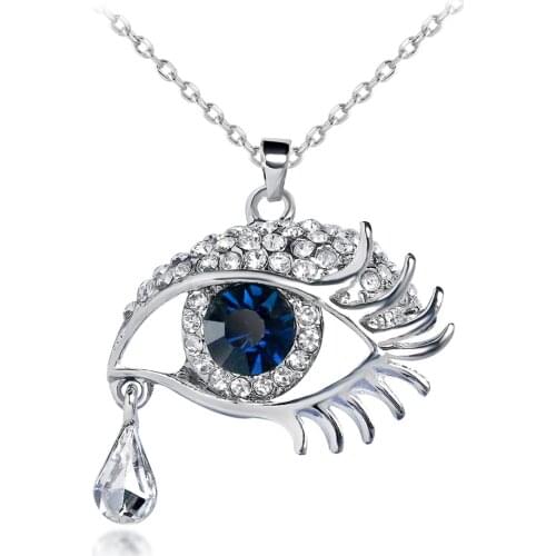 HC Hot Sale Blue Eye Tear Drop Women Pendant Necklace Fashion Silvery Long Necklace Vintage Crystal Rhinestone Boho Necklace F