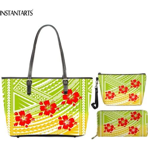 INSTANTARTS Green Yellow Flower Polynesian Print Women PU Leather Handbags Large Shoulder Bag Sets with Makeup Case Wallet