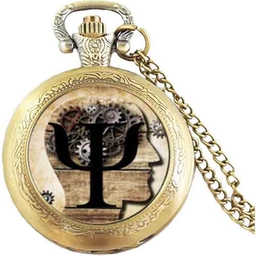 Steampunk PSI Symbol Necklace Psychology Pocket Watch Glass Dome Pocket Watch for women jewelry mens gift Chain vintage antique