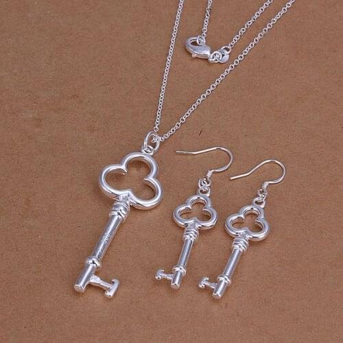 KN-S200 Free Shipping Silver Plated Jewelry Sets Lovely Silver Fashion Jewelry Three Round Key Earrings Pendant Necklace/ameajdl