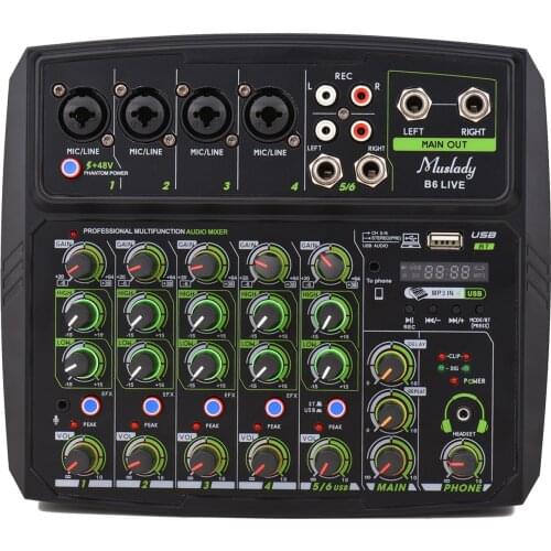 Muslady 6-Channel Audio Mixer Mixing Console LED Screen Built-in Soundcard BT Connection with 2-band EQ Gain Delay Control