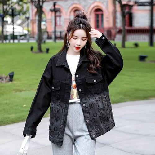 Fashion Gradient Letter Print Black Denim Jacket Female Autumn Loose Casual Lapel Long Sleeve Jeans Jacket Women Kobieta Kurtka
