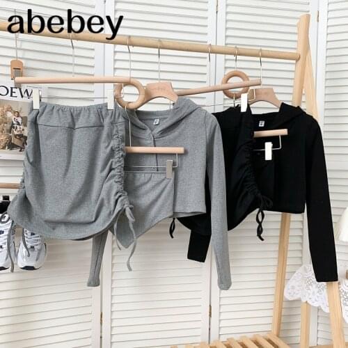 Fashion hooded collar long sleeve short Top + drawstring bandage Skirt two-piece set with strapless Vest 2021 New Spring Autumn