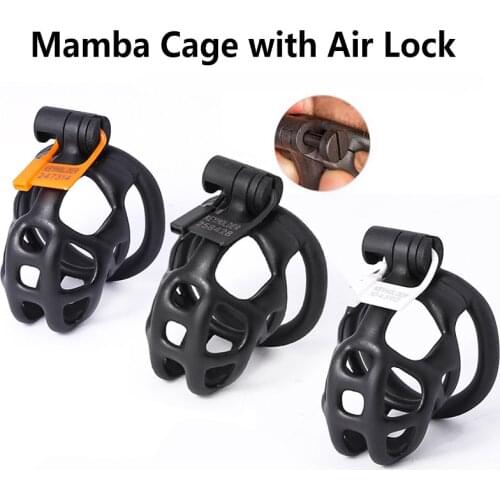 NEWEST AIR LOCK MAMBA Cock Cage Penis Sleeve Plastic lockable Male Chastity Device Penis Rings Adult Games Sex Toys