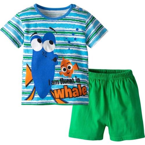 Oklady 2019 Summer Baby Boys Clothes Suits Cotton Light Blue Cartoon Fish Short-sleeved T-Shirts Shorts Pants 2pcs Sets