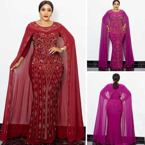 African Fashion Style Pencil Dress Beads Diamond Round Collar Thin Material Chiffon Female Long Party Evening Africa Dashiki New