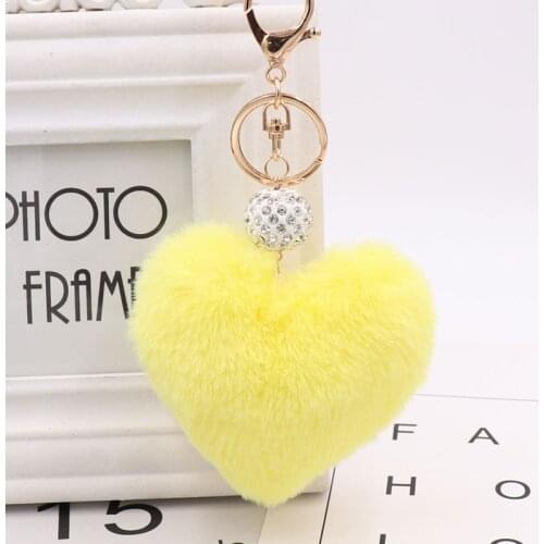 Fluffy Heart Shape Pompoms Crystal Ball Keychain Ladies Handbag Key Ring Handmade Accessories Key Chain Pendant Decorations