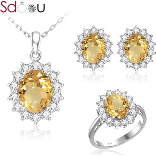 SDOOU Bridal Jewelry Sets For Women 925 Silver Rings Stud Earrings Pendant Necklace Yellow Citrine Cute Romantic Wedding Jewelry