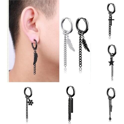Black Korean Fashion Earrings Long Men Bangtan Boys Geometric Dangle Drop Earrings Album Accessories Hoop Chain Ear Jewelry