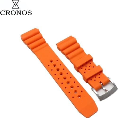 Cronos Watch Parts Silicone Watch Strap Waterproof 22mm Stainless Steel Brushed Tongue Buckle Wave Shape Orange
