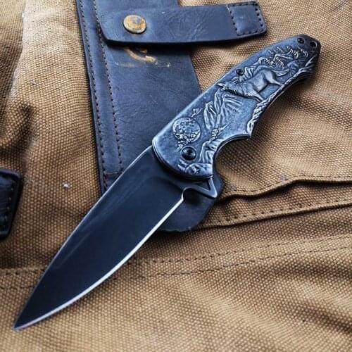 Wolf / Deer / Bear / Skull Engraved 3D Stone Wash Tactical Folding Blade Knives Utility Collection knifes
