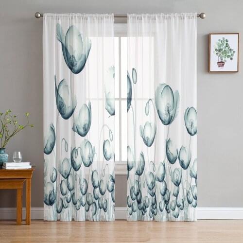 Flower Ink Style White Gray Plant Art Window Tulle Curtains for Living Room Bedroom Hotel Luxury Decoration Sheer Curtains