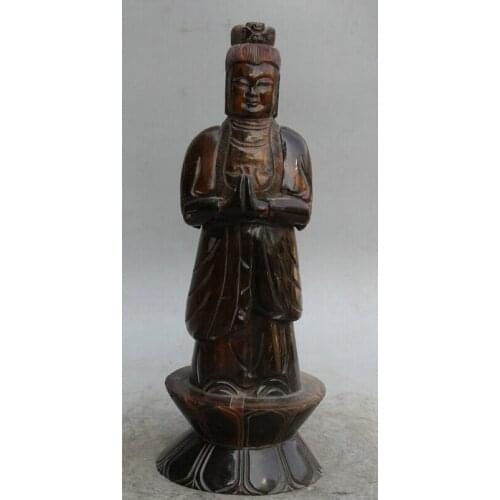 USPS to USA S2165 13" Chinese Buddhism ox horn Stand lotus Kwan-yin Guan Yin Boddhisattva Statue