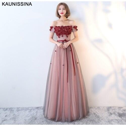KAUNISSINA Evening Dresses Floral Appliques Padded Formal Gown Elegant Long Tulle Evening Party Dress vestido de festa