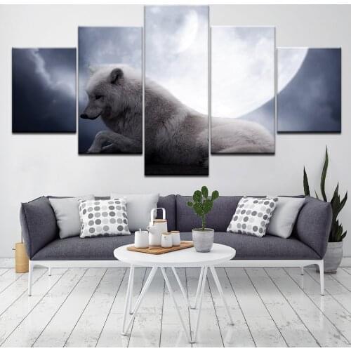 Wolf and white moon 5 Piece HD Wallpapers Art Canvas Print modern Poster Modular art painting for Living Room Home Decor