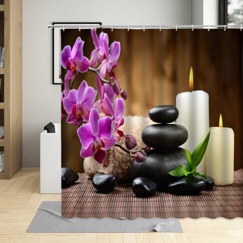 Zen Shower Curtain Purple Butterfly Orchids Bathroom Decor Green Bamboo Zen Stone Curtains With Hooks Polyester Fabric Washable