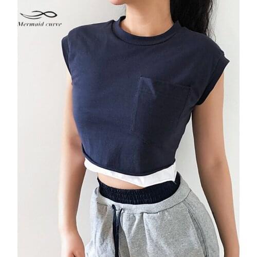 Mermaid Curve Summer New Double-Layer Contrast Color Running T Shirts Women Loose Quick Dry Sports Short Sleeve Fitness Top