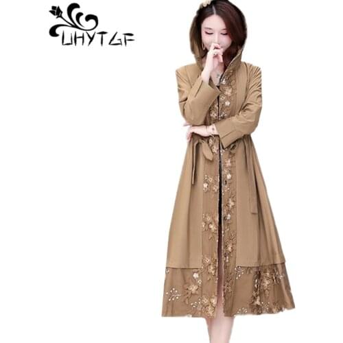 UHYTGF 5XL Plus Size Coats Womens Hooded Lace Splicing Spring Autumn Windbreaker Outerwear Elegant Female Thin Trench Coat 1486