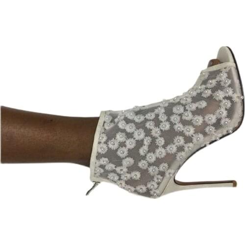 2021 Summer Sandals Women Lace Flowers Super High Heels Fish Mouth Cool Boots Breathable Wedding Shoes Pearl Embroidery Shoes