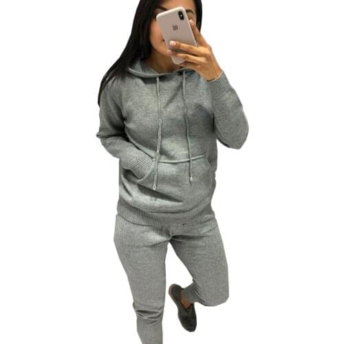 TAOVK Autumn And Winter womens knitting suits solid-colored hooded Collar large pocket knitting set