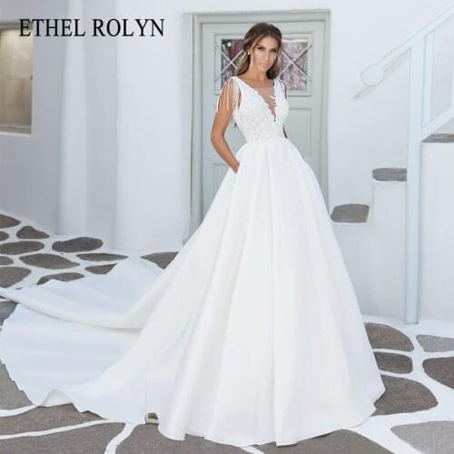 ETHEL ROLYN A-Line Wedding Dress 2021 Backless Sleeveless Bride V-Neck Beading Appliques Satin Princess Cathedral Bridal Gown