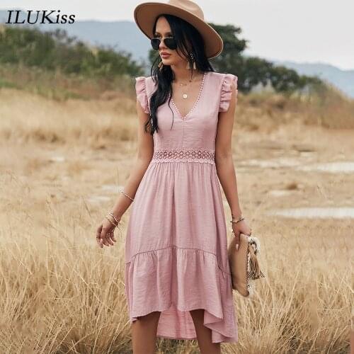 Summer Women Sleeveless Midi Dress 2021 Fashion Hollow Out Ruffle Pink Green V Neck Lace Woman Dresses Elegant Casual Clothes