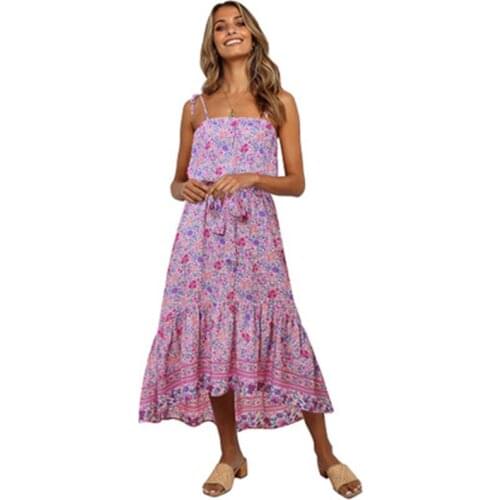 Ladies Fashion And Leisure Retro Sun Dress Summer Boho Sexy Dresses Midi Belt Spaghetti Strap Backless Floral Beach Clothes