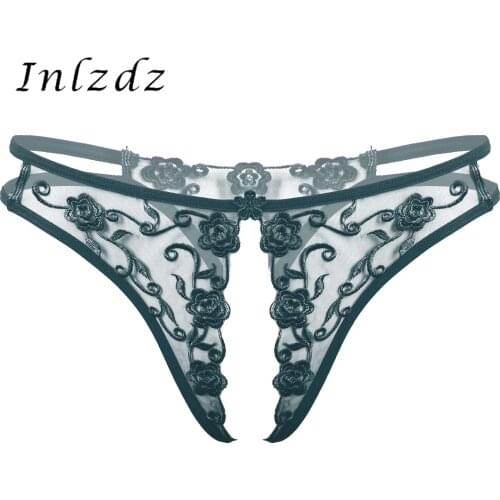 Womens Lingerie See Through Lace Panties Flower Embroidery Crotchless Briefs Low Waist T-back Erotic Sexy Underwear Underpants