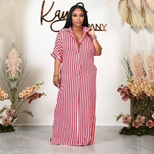 Black White Vertical Striped Maxi Dress Women Turn Down Collar Half Sleeve Straight Dresses Office Lady Single-breasted Vestido