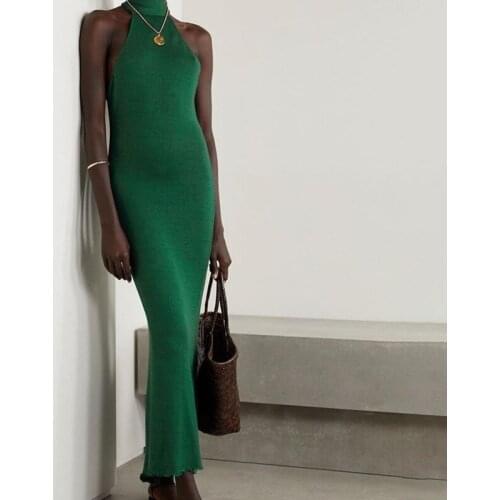YT Fall Knitted Sexy Backless Halter Maxi Dress Women Elegant Sleeveless Holiday Long Dresses Ruffle Robe Femme