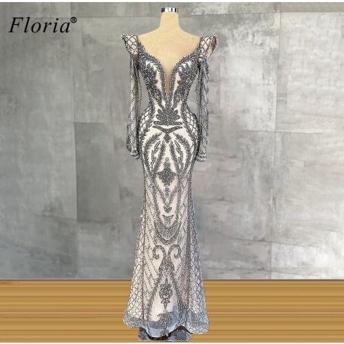 Gray Mermaid Evening Dresses Long Sleeves Beading Evening Gowns Formal Celebrity Dresses Women Party Night Vestidos De Noite