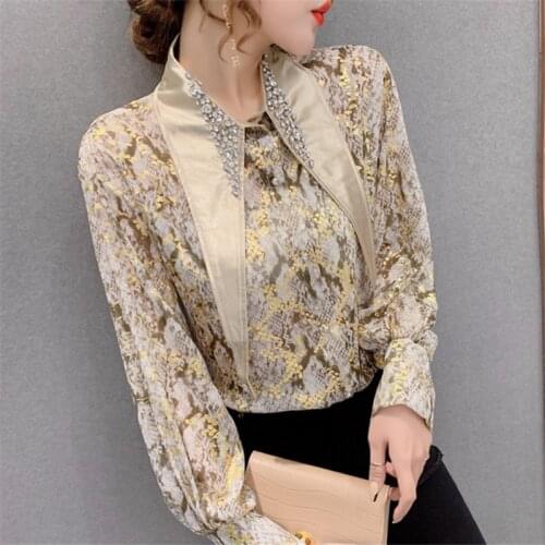 #8232 Black Silver Gold Snake Pattern Printed Shirt Women Long Sleeves Casual Vintage Shirt Ladies Casual Vintage Chiffon Shirt
