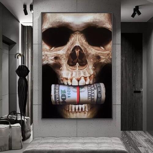 Abstract Skull Head with Money Canvas Painting Posters and Prints Dollar Art Wall Art Picture Cuadros Home Decoration Room Decor