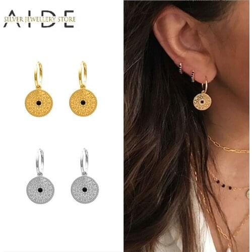 AIDE 925 Sterling Silver 12 Constellations Hoop Earrings for Women Retro Round pendientes Earings Fine Jewelry Gift kolczyki