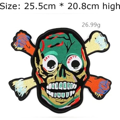 Free shipping 25.5cm wide green skull head full back embroidery patch iron on sew emblemas for DIY clothing/bone/eyes and tooth