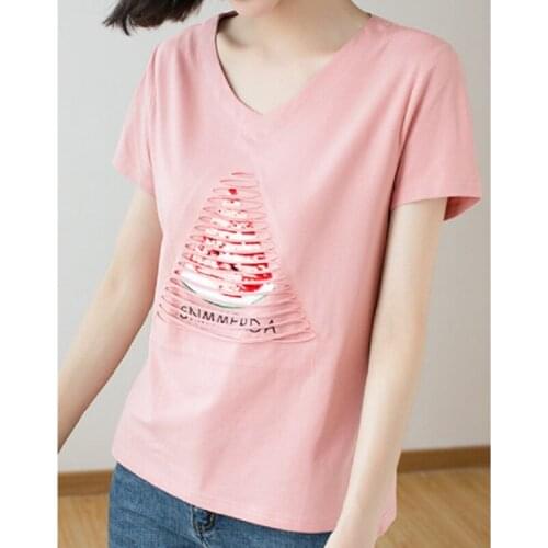 Sequins watermelon cotton T-shirt plus size pink Korean women spring summer short-sleeved female loose thin wild casual T-shirt