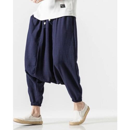 2021 Men Drop Crotch Wide Legs Pants Mens Chinese Style Linen Harem Pants Male HipHop Streetwear Joggers Cross Trousers