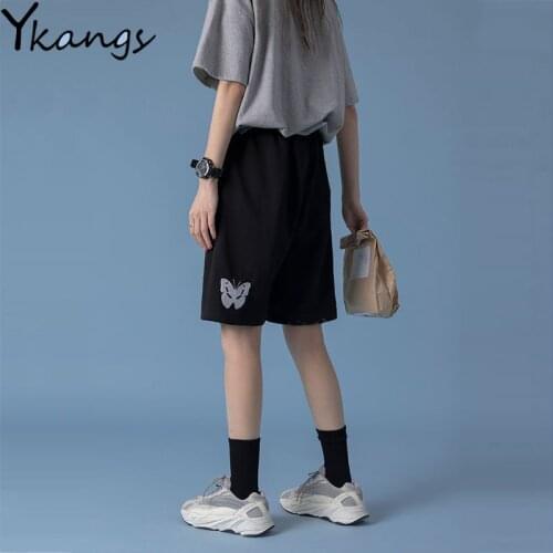 Black Cropped Trousers with Butterfly Embroidery Summer New Breathable Ladies Sports Shorts Home Casual Ladies High Waist Shorts