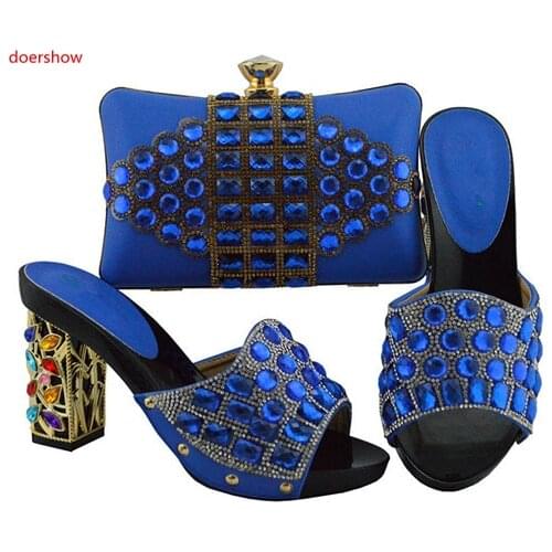 Doershow New blue color Italian Shoes With Matching Bags African Women Shoes and Bags Set For Prom Party Summer Sandal! HUU1-6
