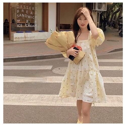 French Retro Dress Woman Floral Print Sweet A-LINE Mini Dress Loose Kawaii Puff Sleeve Square Collar Casual Womens Dresses Ins