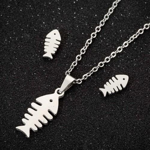 Jisensp Lovely Fish Bone Stainless Steel Jewelry Sets for Women Unique Ocean Fish Pendant Necklace Earrings Animal Jewelry