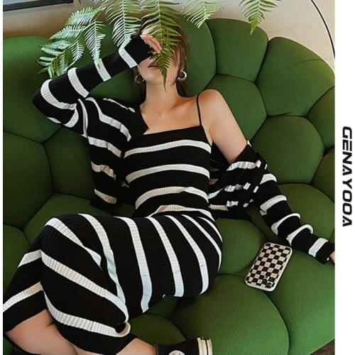 Genayooa Dress Two Piece Set 2021 Autumn Striped Cadigan Straight Sling Dress Suit Long Sleeve Elastic Black 2 Piece Suit Korean