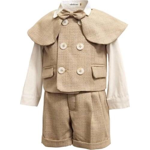 Boys Suit Cotton Baby Clothes Set Kids Double Breasted Vest Short Shawl Outfit Gentleman Infant Formal Wedding Birthday Clothing